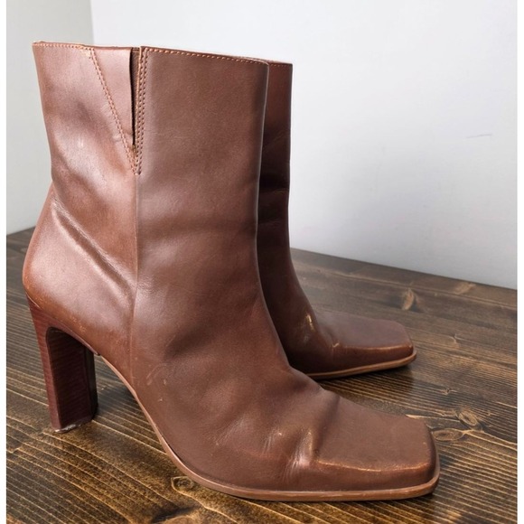 Vintage Bruno Valenti Boots 90s Size 10 Brown Leather Square Toe Shoes Heels - Picture 2 of 16
